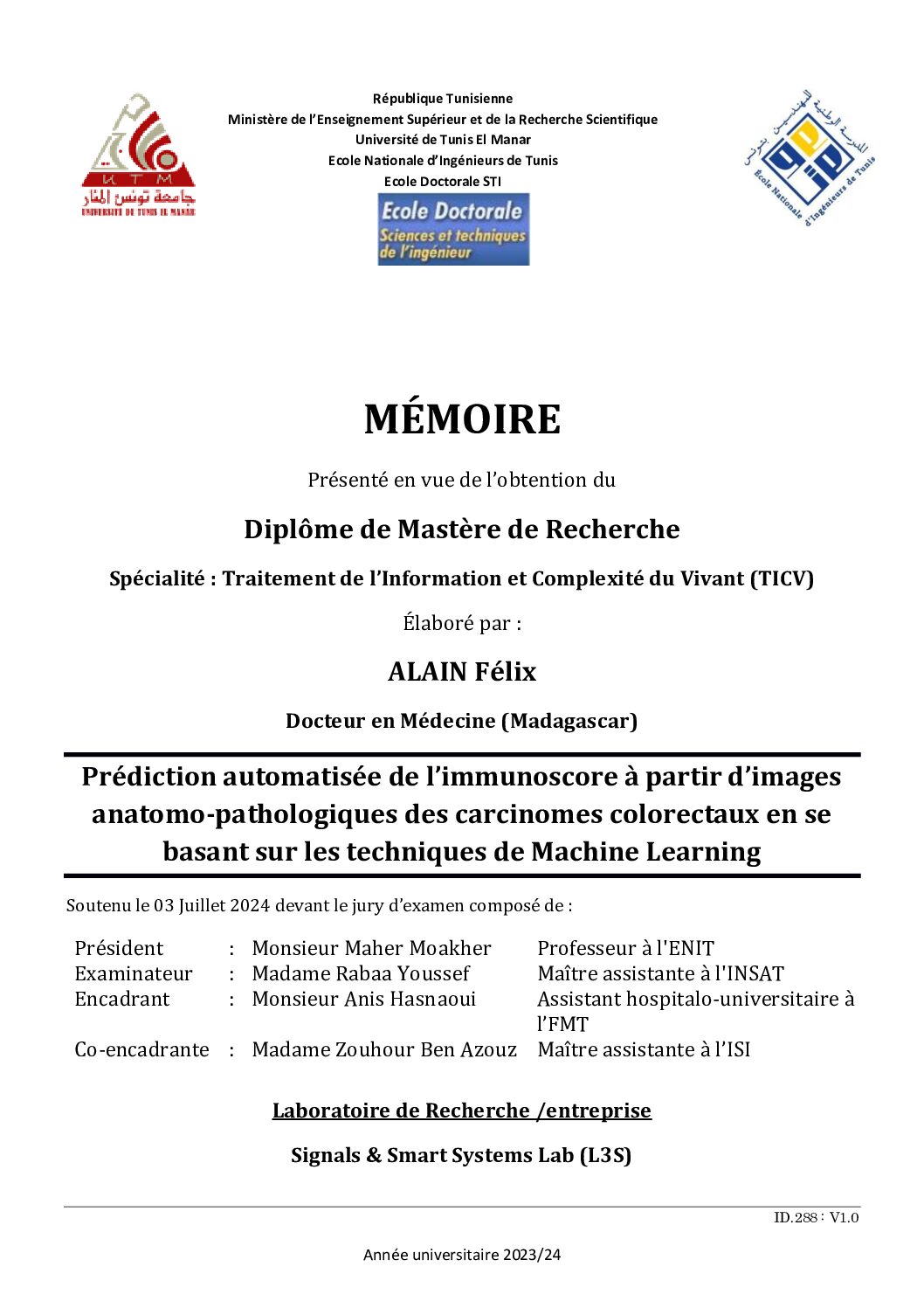 Prédiction automatisée de l’immunoscore à partir d’images anatomo-pathologiques des carcinomes colorectaux en se basant sur les techniques de Machine Learning