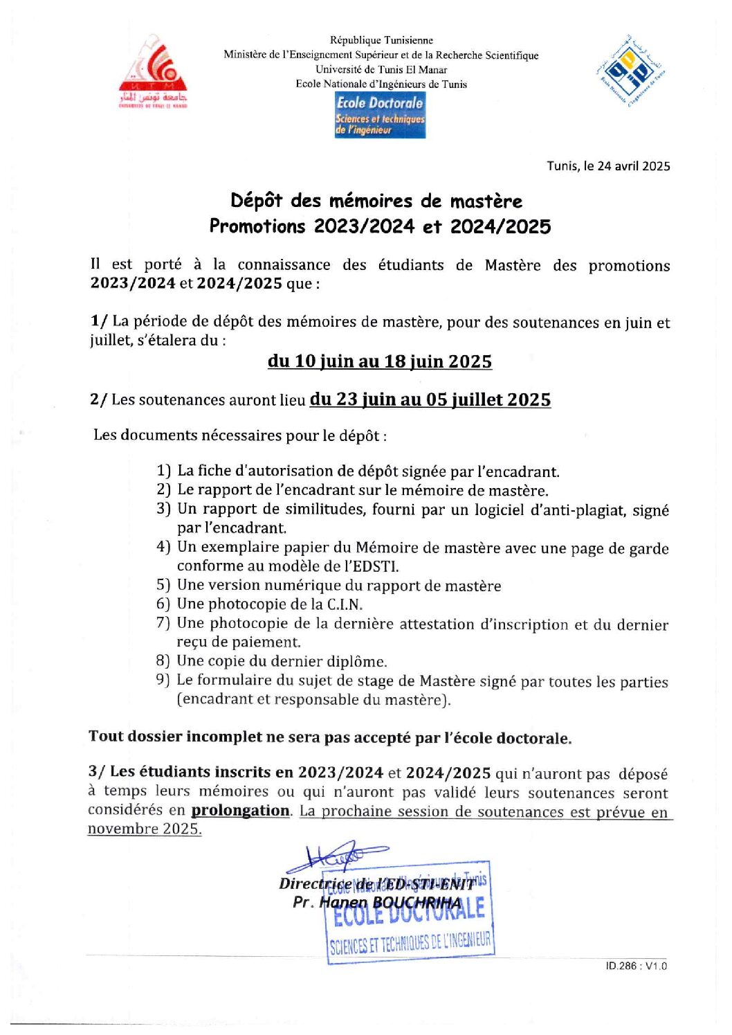 Calendrier des soutenances de mastère Juin 2025