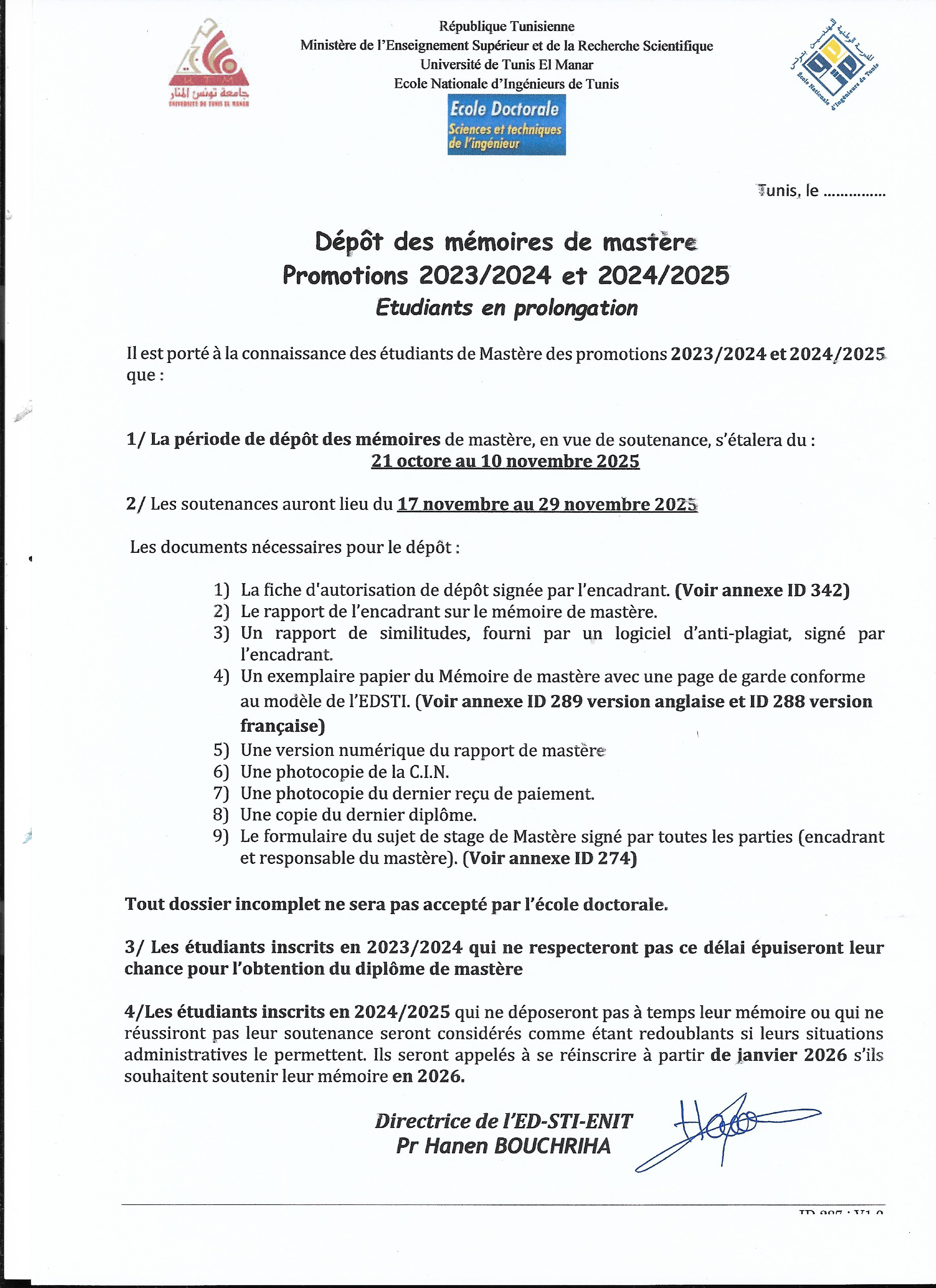 Calendrier des soutenances